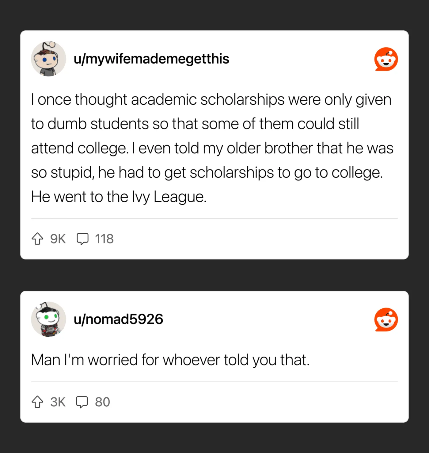 Reddit comments about childhood beliefs, including scholarships and Ivy League.