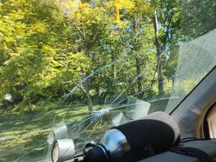 Broken car windshield with multiple cracks and a tree outside.