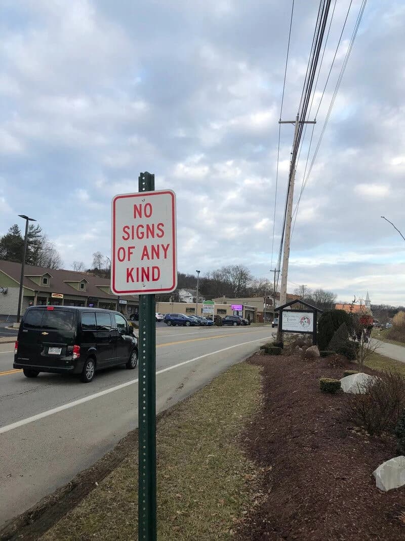 Sign reads 'NO SIGNS OF ANY KIND' on a pole beside a road with cars and buildings.