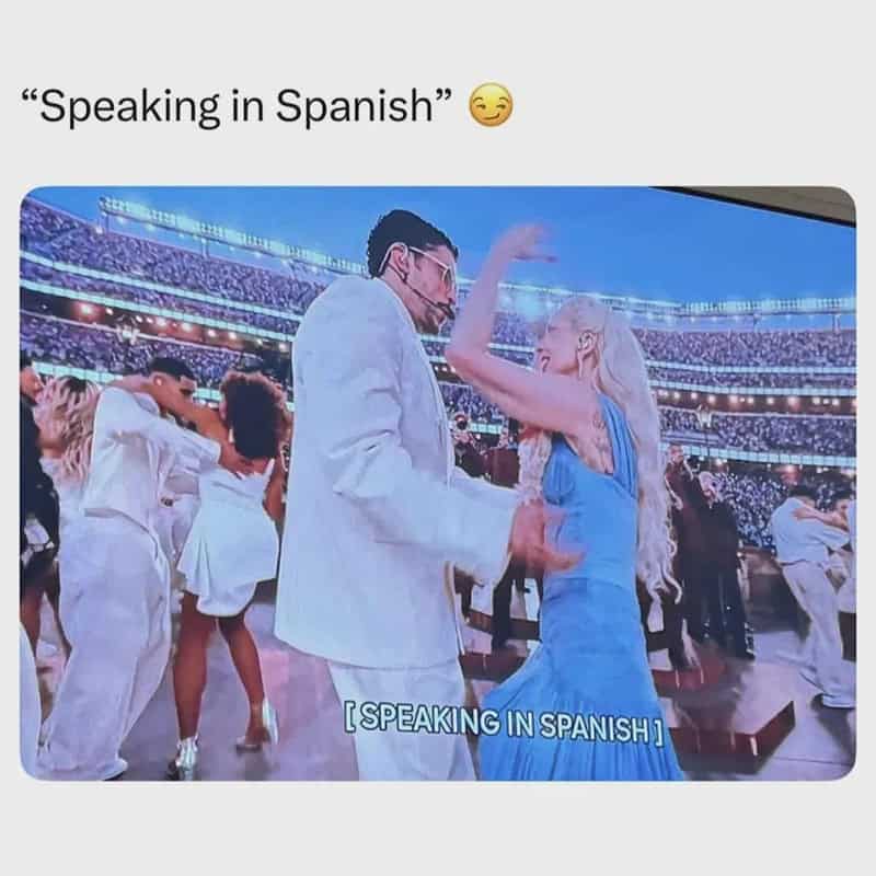 People dancing at a stadium with a caption about speaking Spanish.