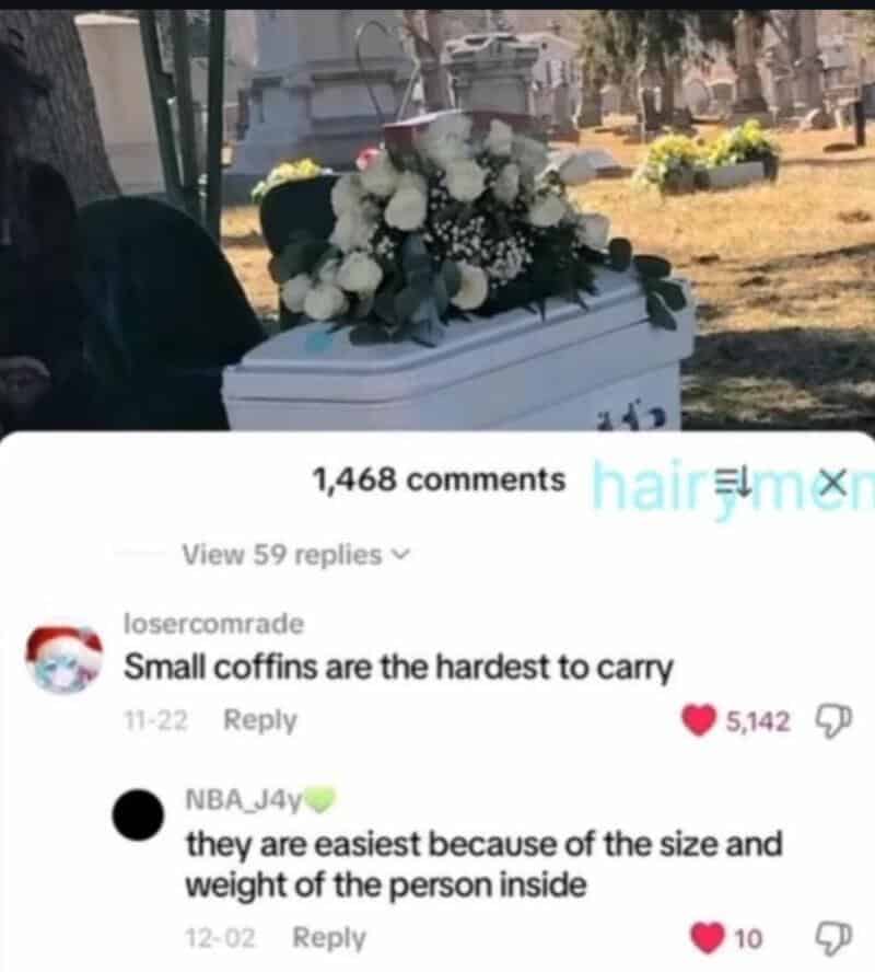 Social media post showing a white coffin with flowers, comments about small coffins being hard to c.