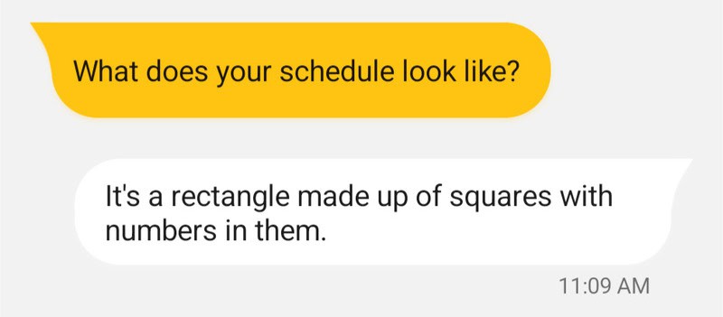 Text conversation about schedule, with a rectangle made of squares.