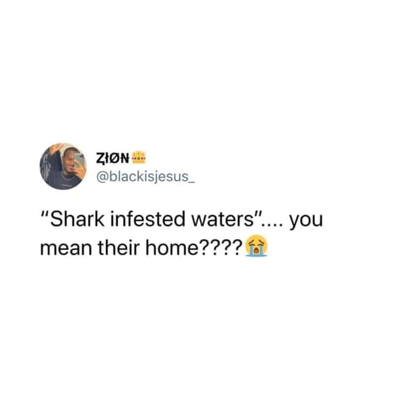 Tweet about shark infested waters with crying emoji.
