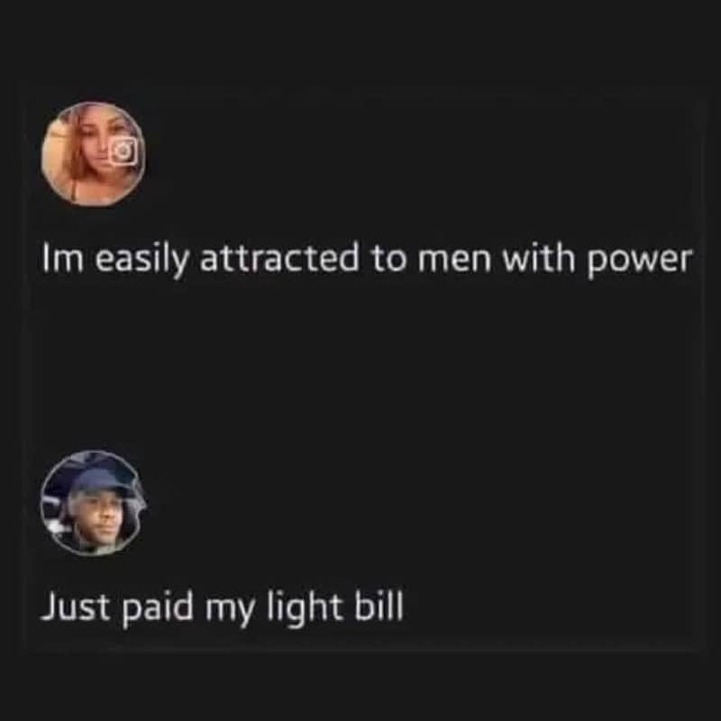Social media post with two profile pictures and text about attraction and paying a light bill.