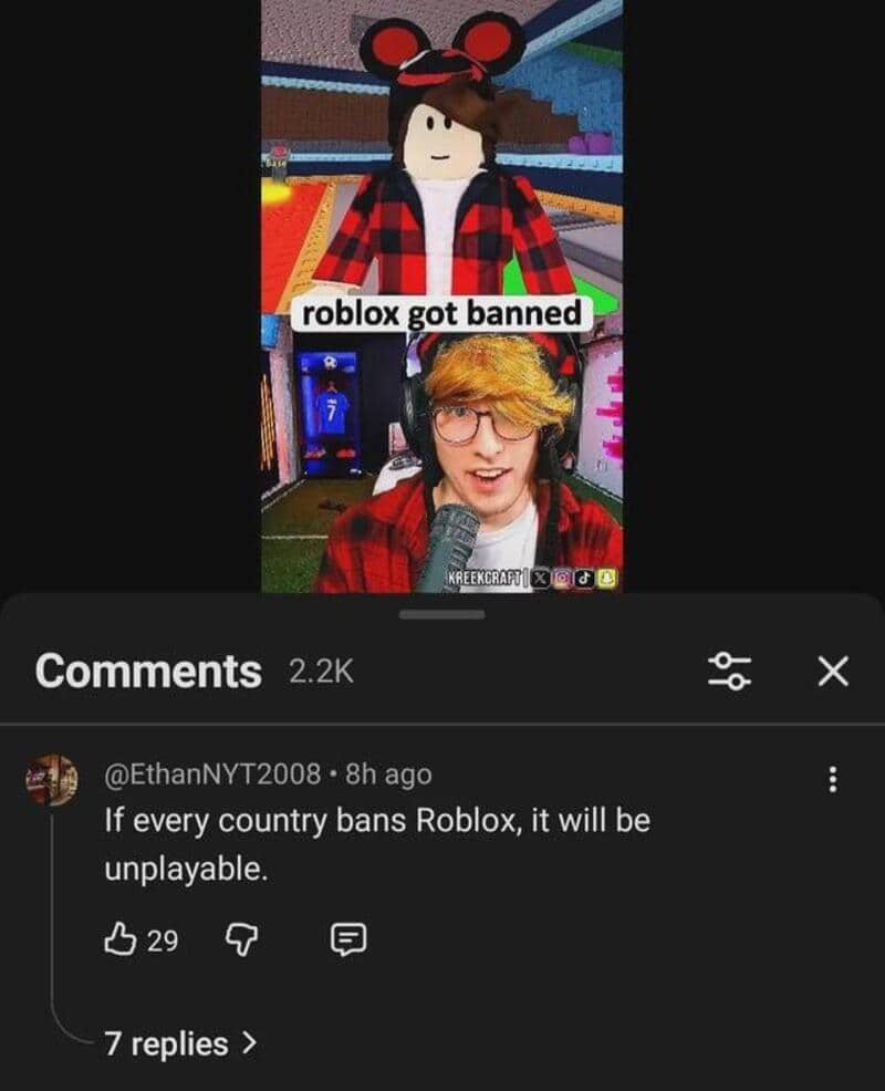 Roblox got banned meme with a Roblox avatar and a person with glasses.