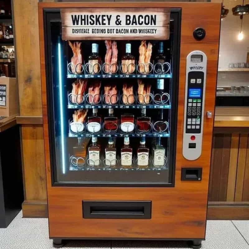 Vending machine labeled Whiskey & Bacon with bottles of whiskey and bacon strips inside.