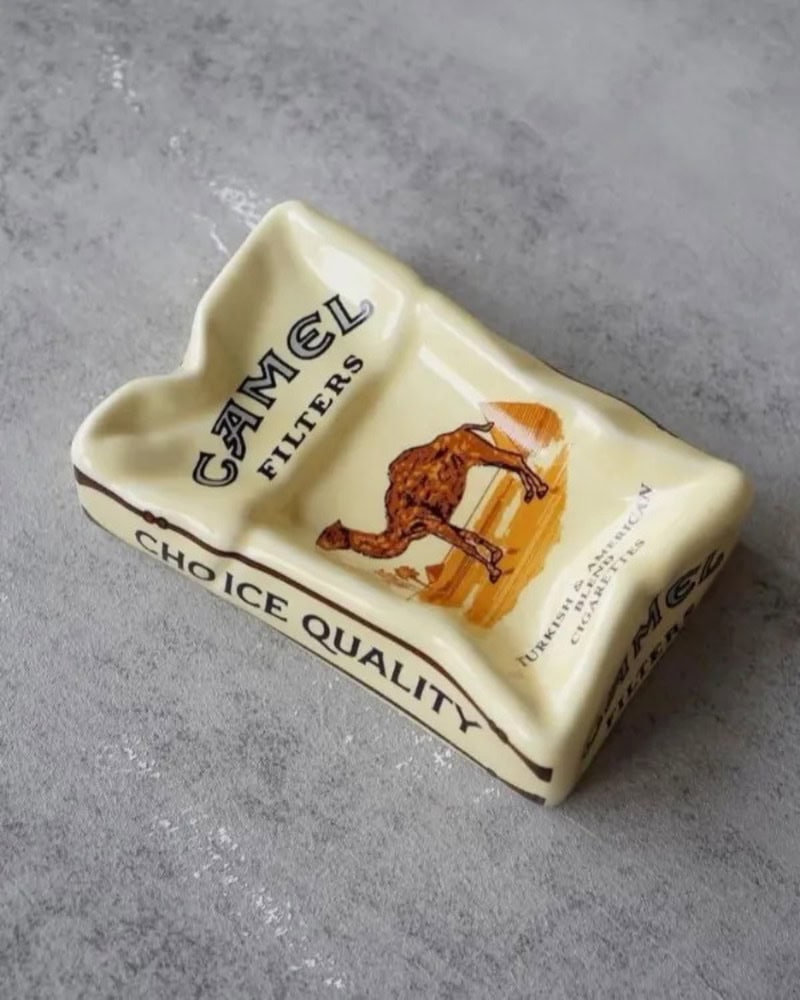 Camel Filters soap bar with camel illustration and text on gray surface.