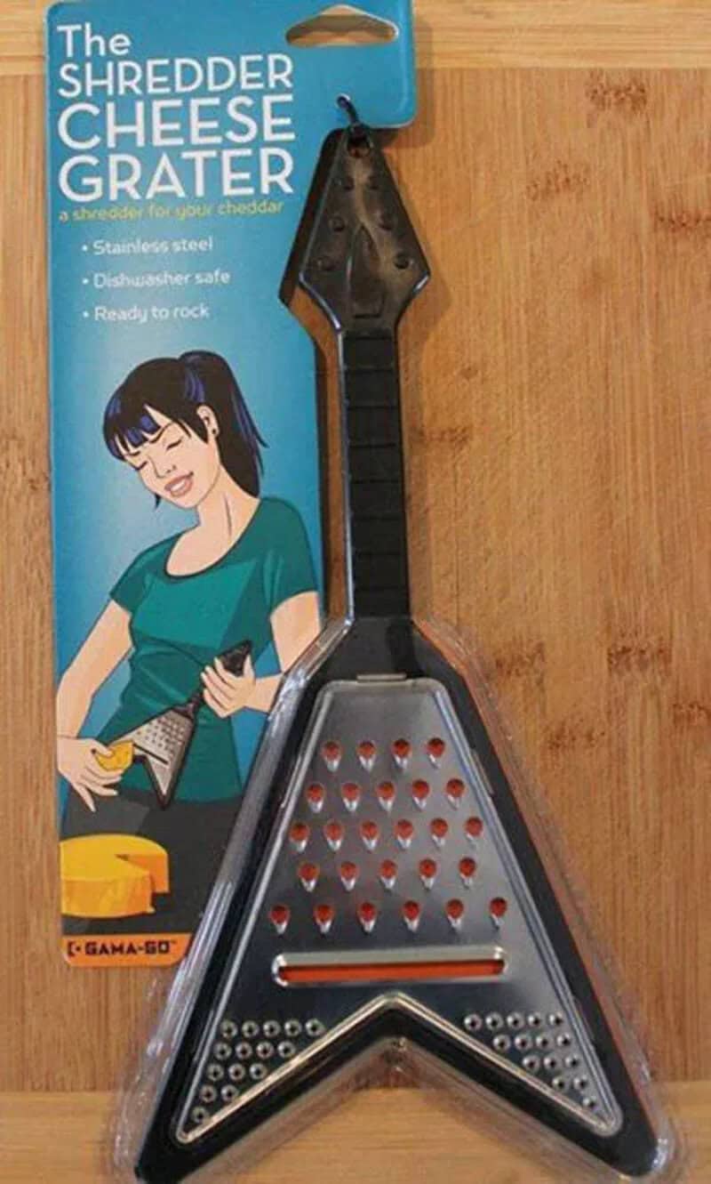 Shredder cheese grater with a triangular shape and a black handle.