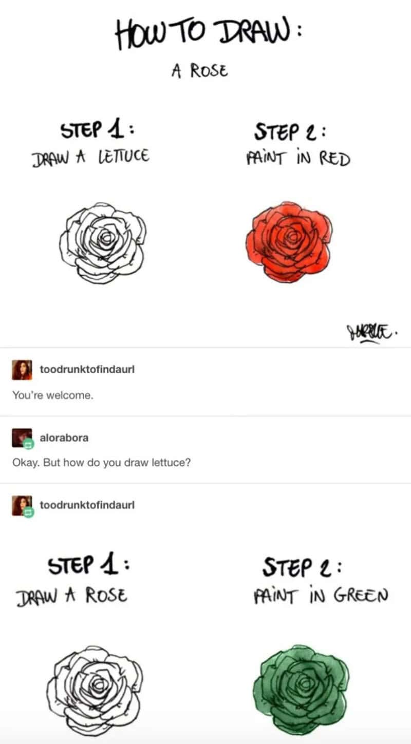 How to draw a rose: Step 1 draw a lettuce, Step 2 paint in red, Step 1 draw a rose, Step 2 paint in.