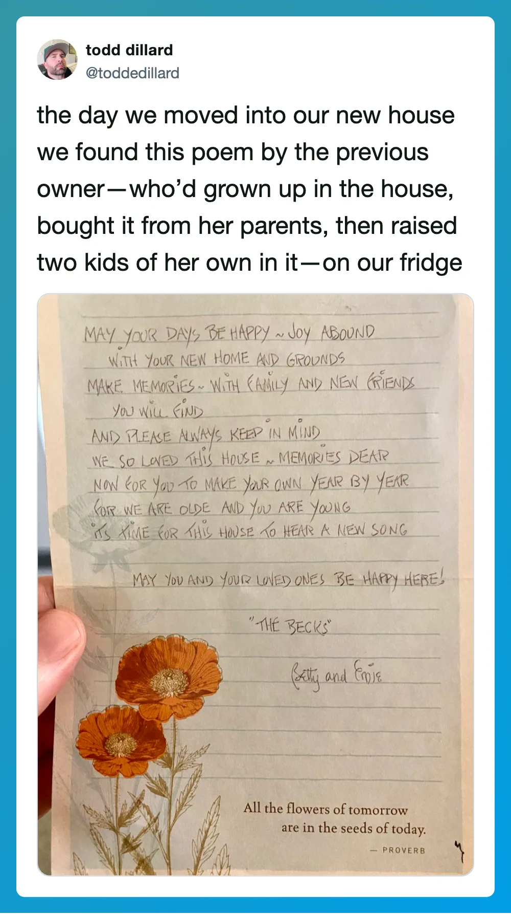 Poem about moving into a new house and memories with children, with flowers at the bottom.