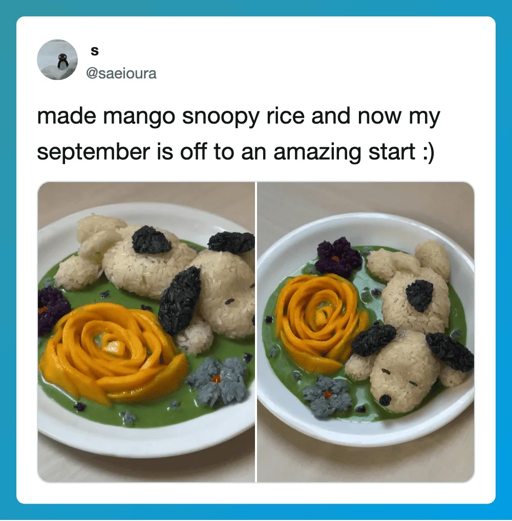 Photo of mango snoopy rice with bear-shaped rice and black sesame eyes.