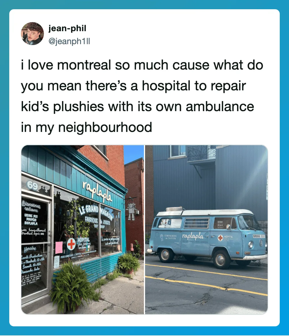 A tweet about loving Montreal and a photo of a shop and a vintage ambulance.