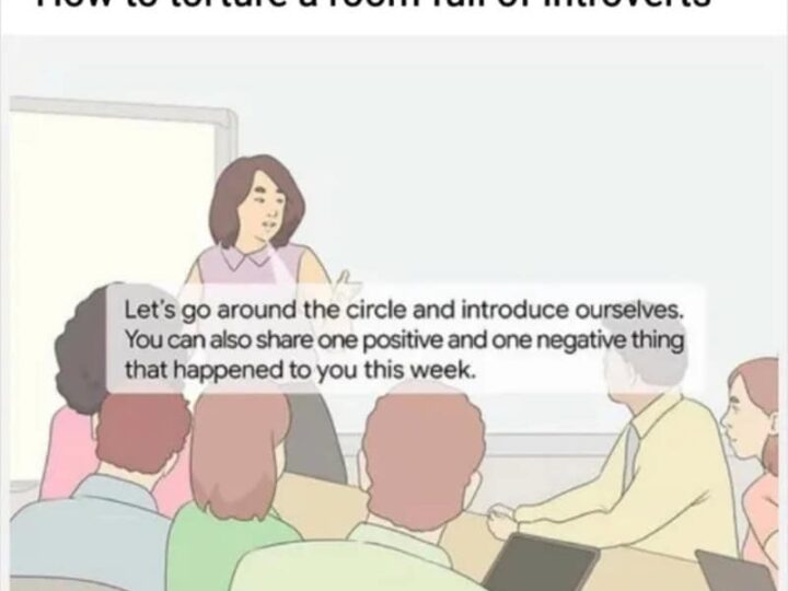 How to torture a room full of introverts - a guide with a group of people in a classroom setting.