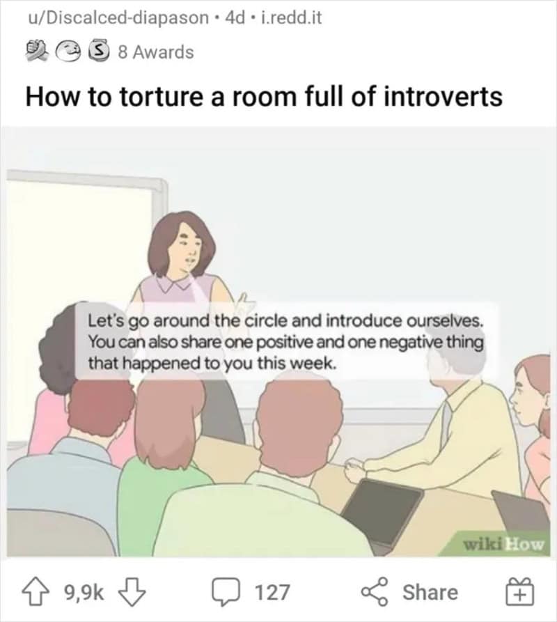 How to torture a room full of introverts - a guide with a group of people in a classroom setting.