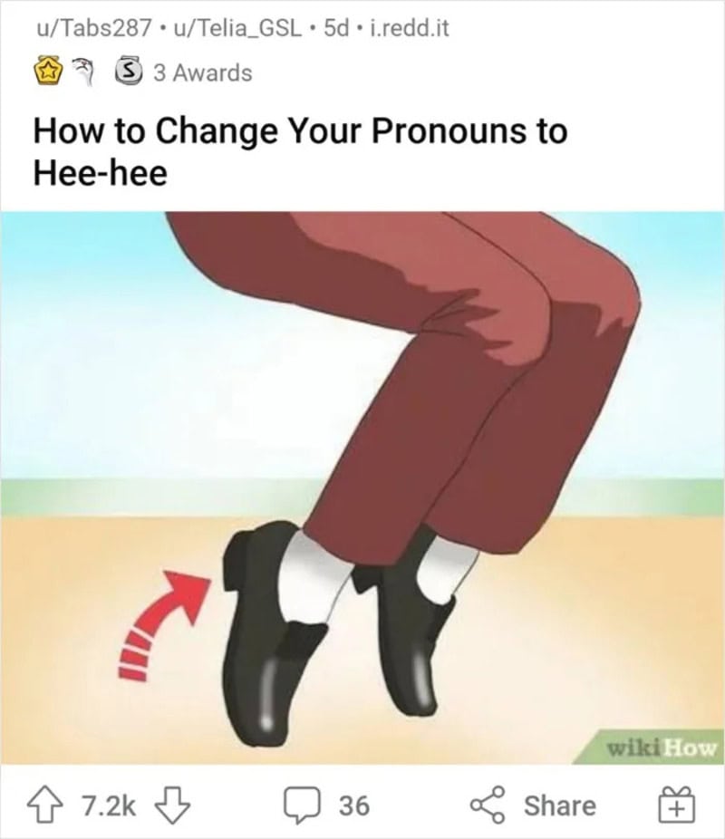 Person changing pronouns with a humorous jump, wearing black shoes and brown pants.