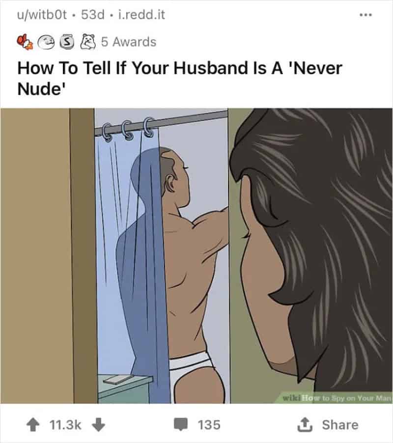 Husband in shower with back turned, wife watching from outside.