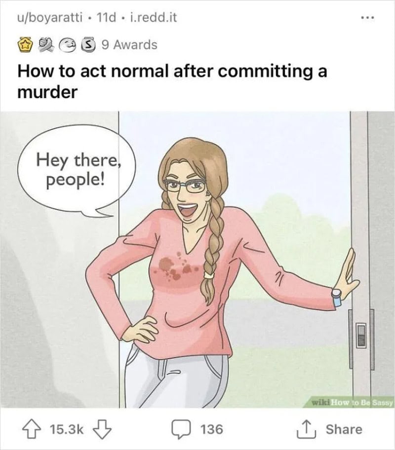 Cartoon woman with glasses and braid says 'Hey there, people!' after a murder.