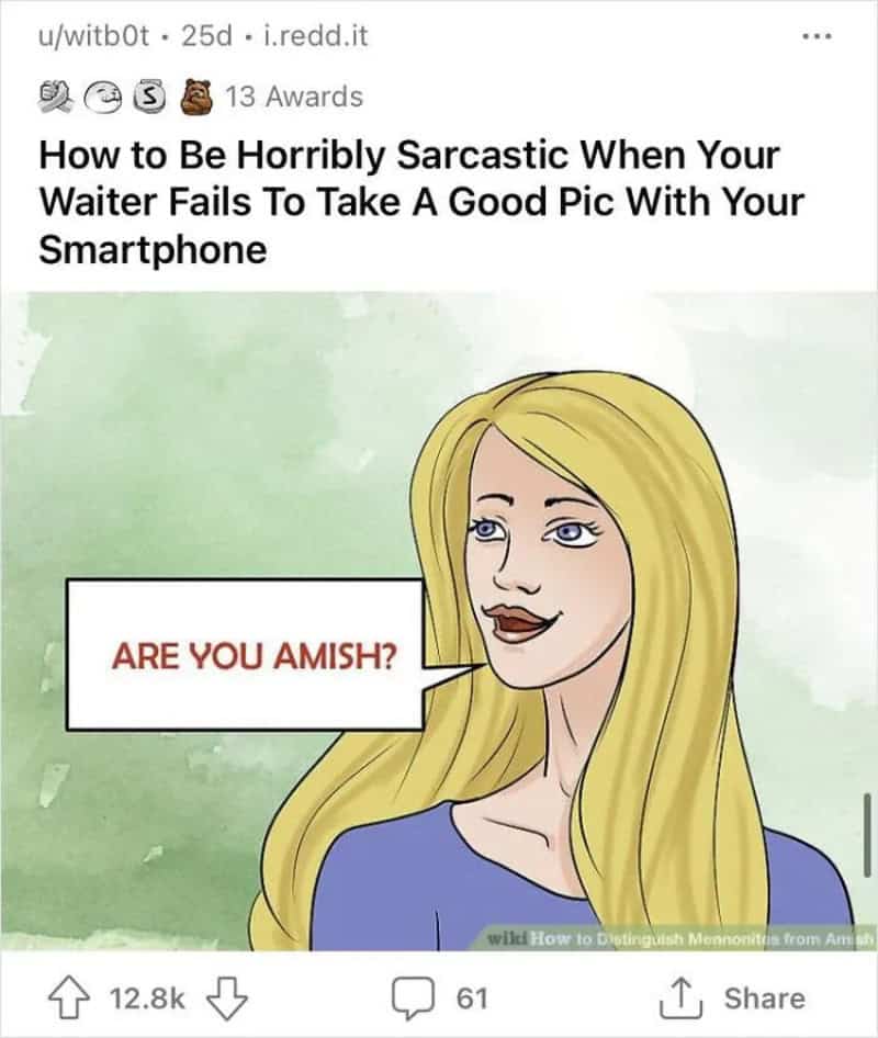 Woman with long blonde hair and blue shirt says 'Are you Amish?' in a speech bubble.