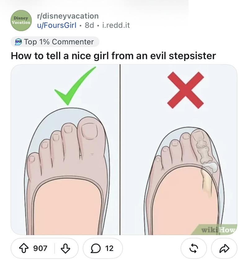 Comparison of a nice girl and an evil stepsister's toes, showing differences in toenail appearance.