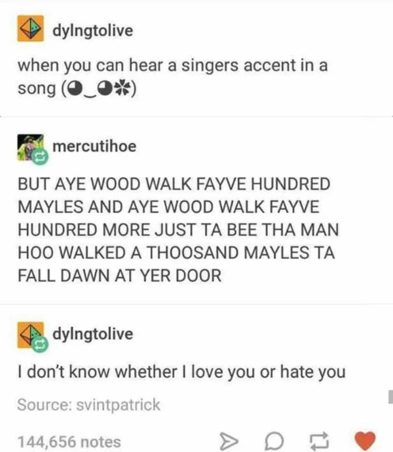 Screenshot of a social media conversation about hearing a singer with an accent.