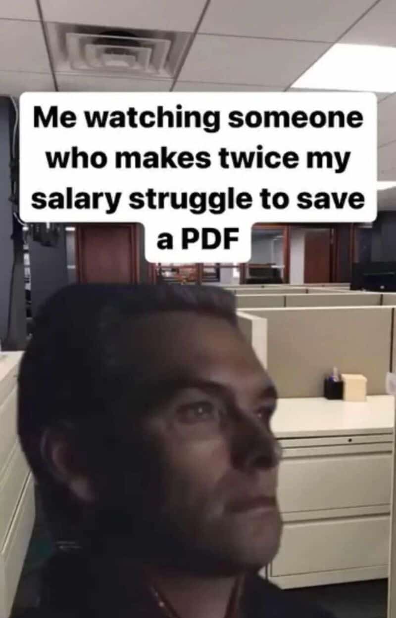 Man looking up with text overlay about salary struggle and PDF.