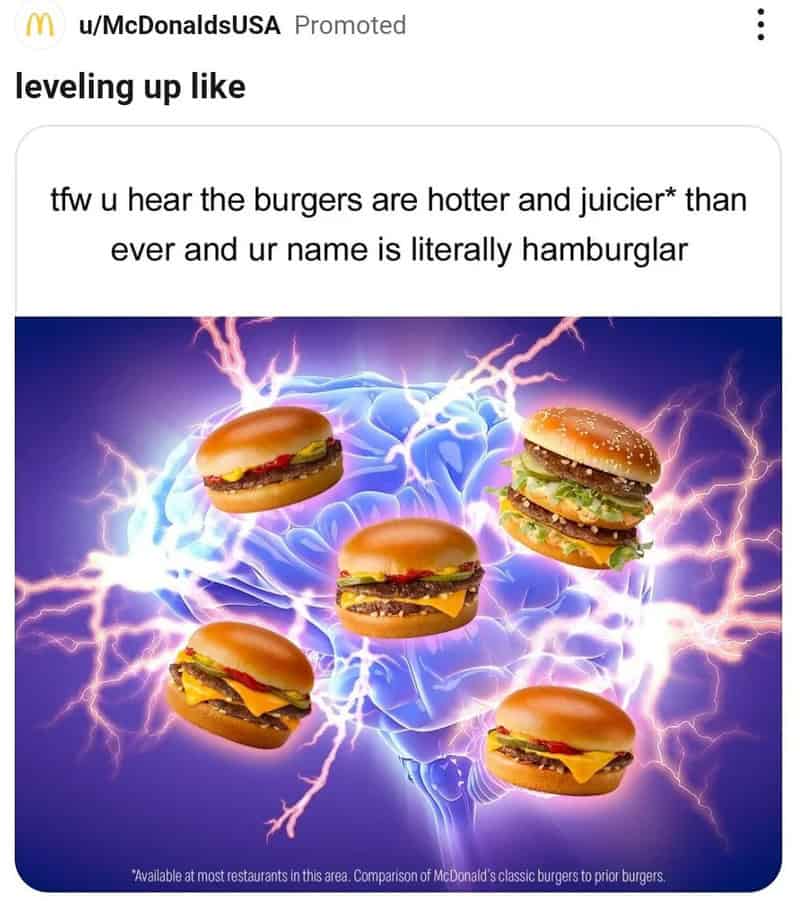 Image of five burgers with lightning in the background, caption about burger heat and juiciness.