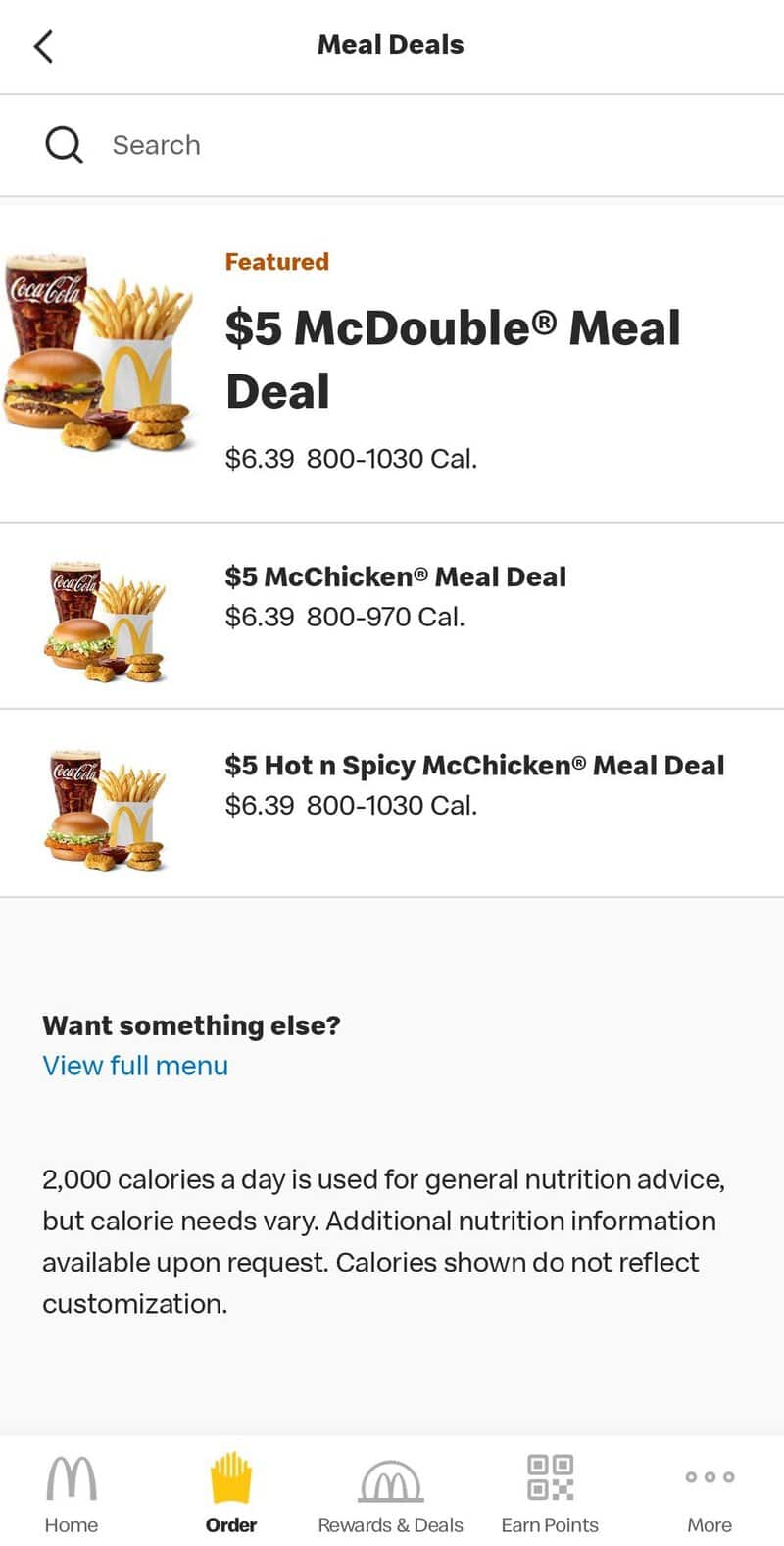 McDonald's meal deals with burgers and fries, $5 each, on a menu.