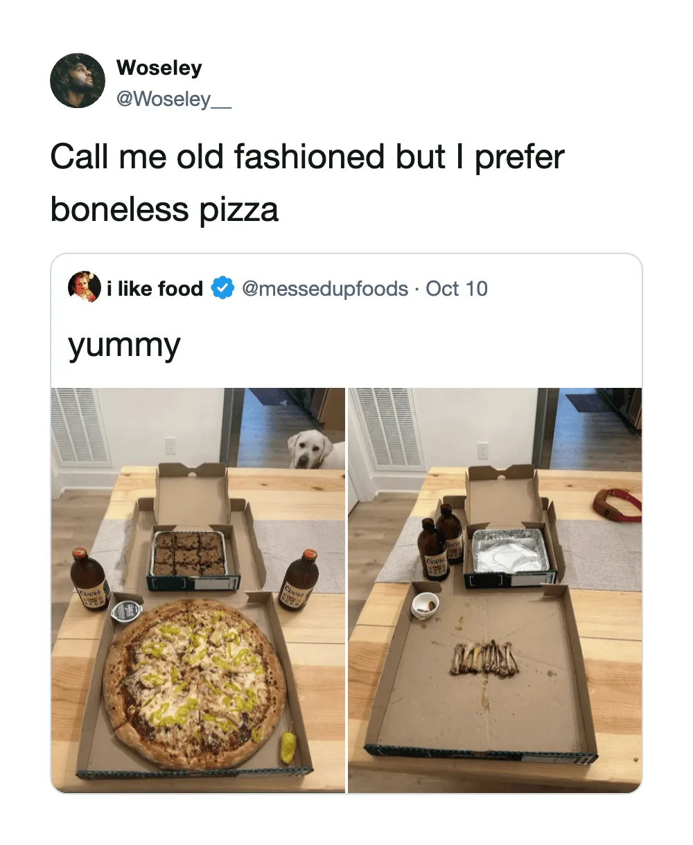 Comparison of a full pizza and an empty pizza box with a few remaining crumbs.