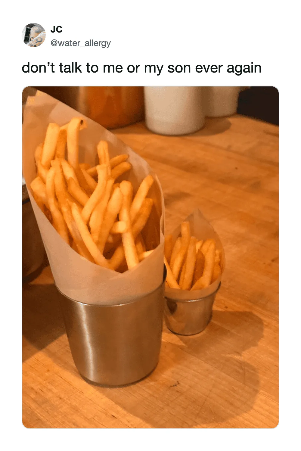 French fries in metal cups with a humorous caption about not talking to the user or their son again.