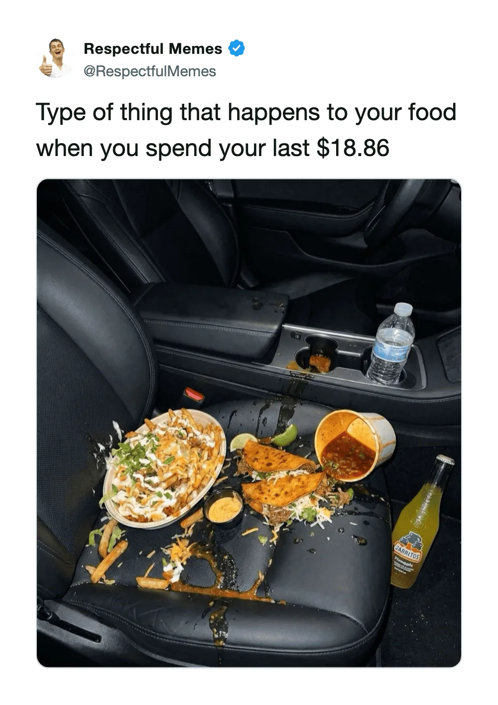 Food spilled on car seat with a bowl of noodles, chicken, and drinks, costing $18.86.