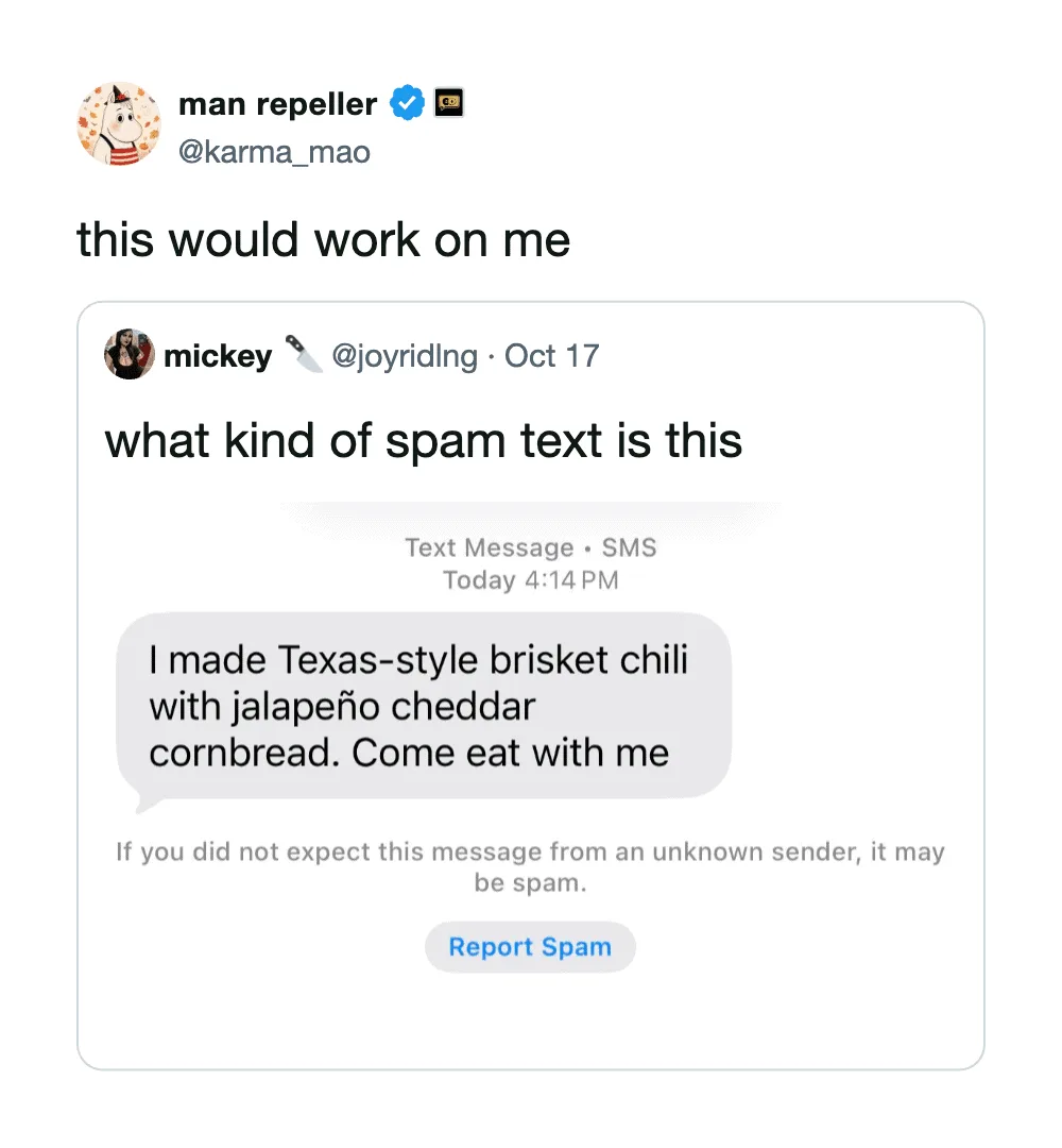Screenshot of a spam text message about Texas-style brisket chili with jalapeño cheddar cornbread.