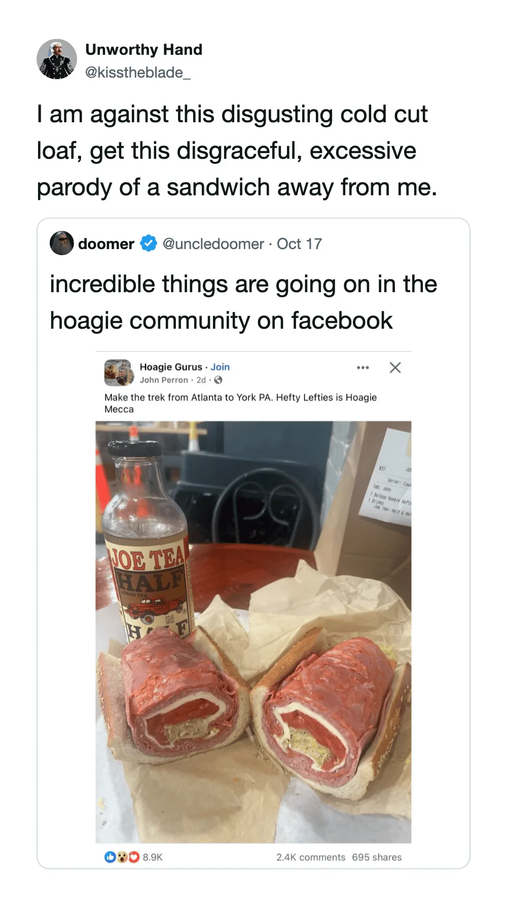 Photo of a sandwich with a bottle of Joe Tea Half and a sandwich with ham and lettuce.