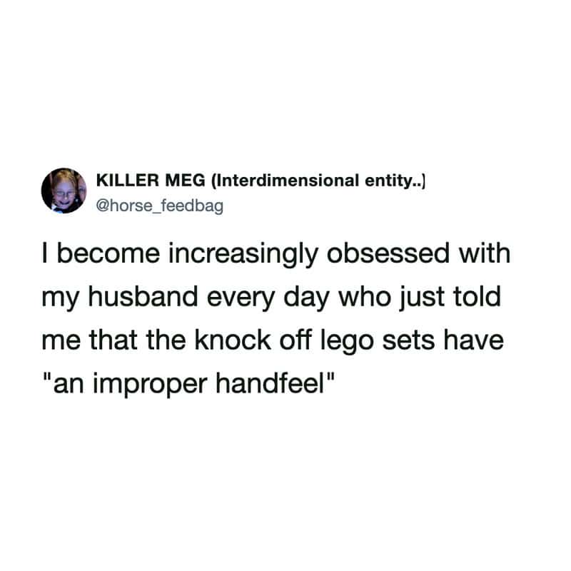 A social media post about obsession with husband's Lego sets and handfeel.