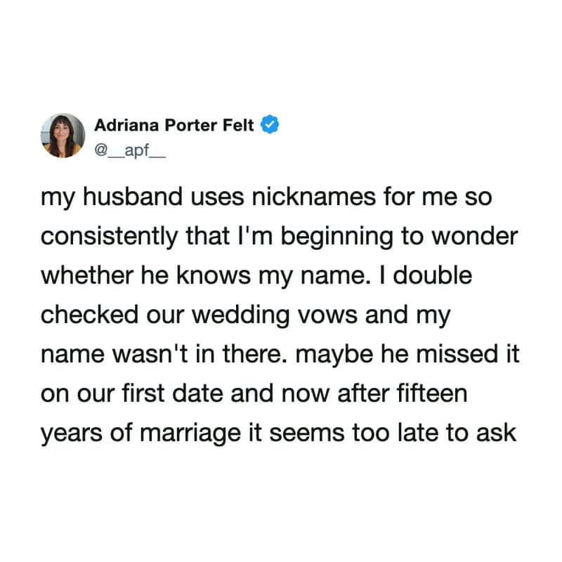 Instagram post by Adriana Porter Felt about her husband's nicknames and marriage.