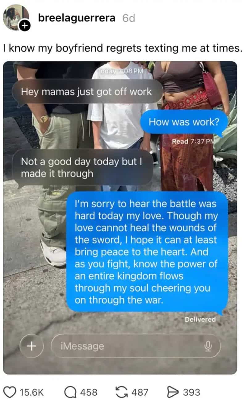 Text message exchange about a tough day and love, with a woman in a black top and red skirt.