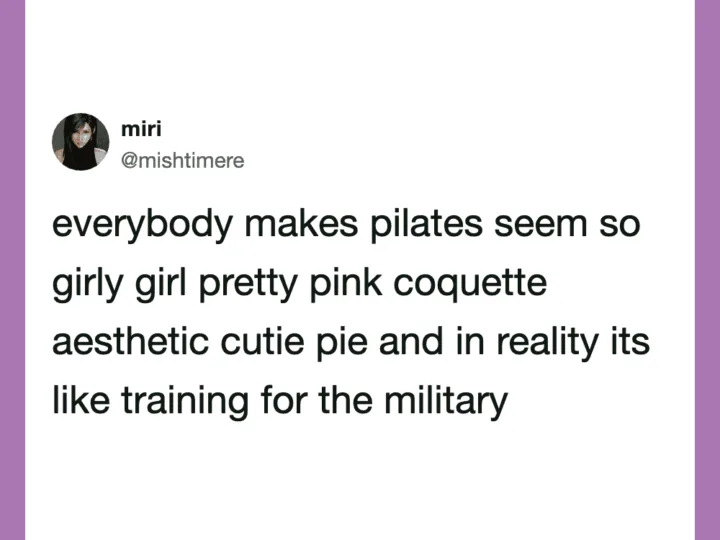 Social media post by @mishtimere about Pilates and military training.