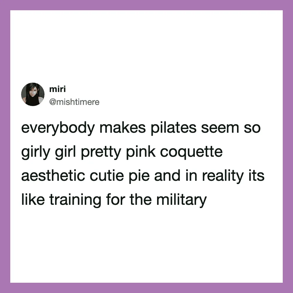 Social media post by @mishtimere about Pilates and military training.