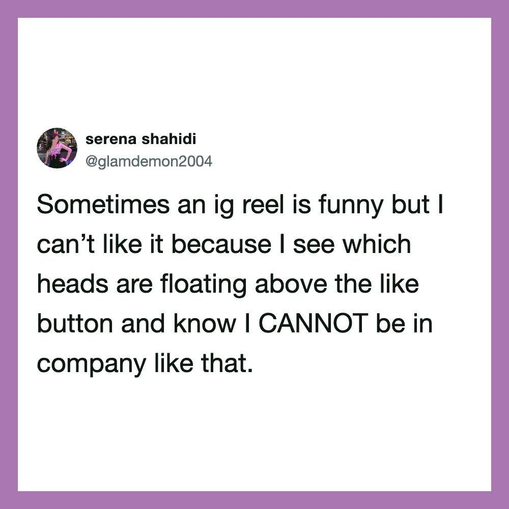 Instagram reel joke about heads floating above like button.