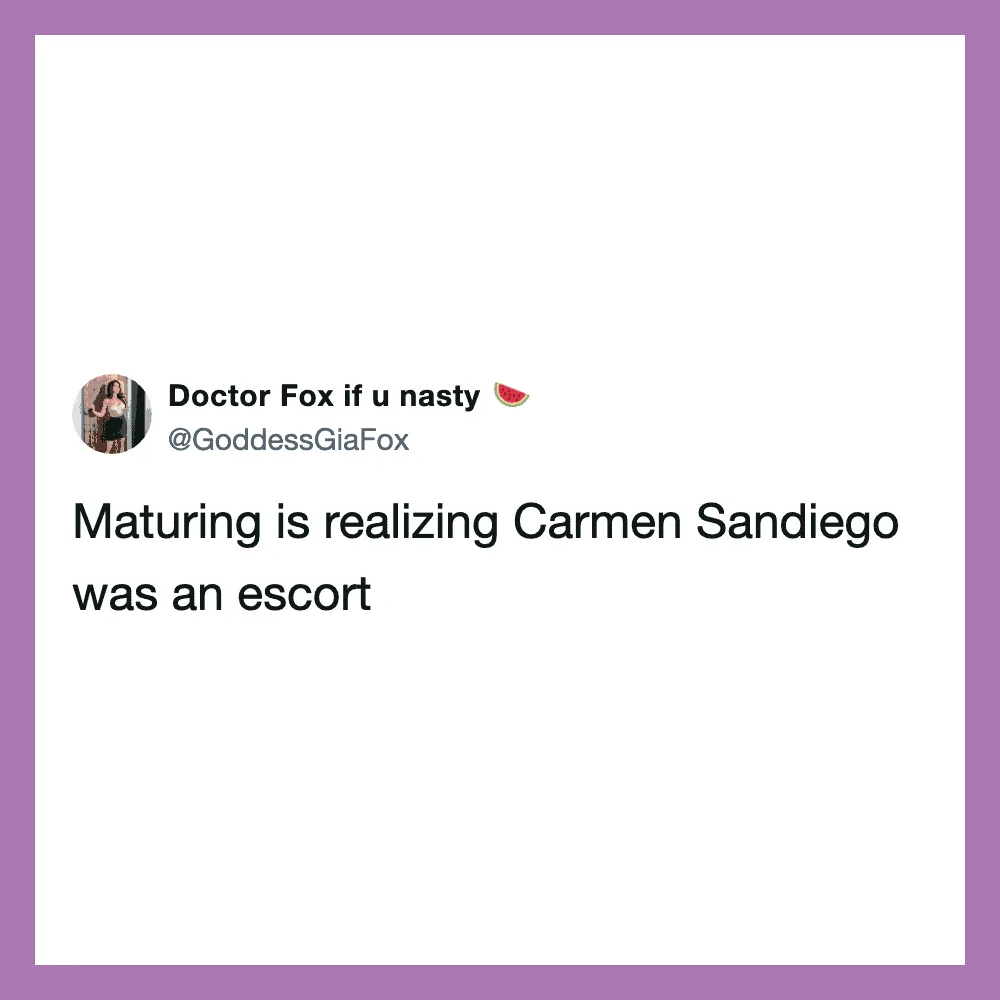 Tweet by Doctor Fox if u nasty about Carmen Sandiego as an escort.