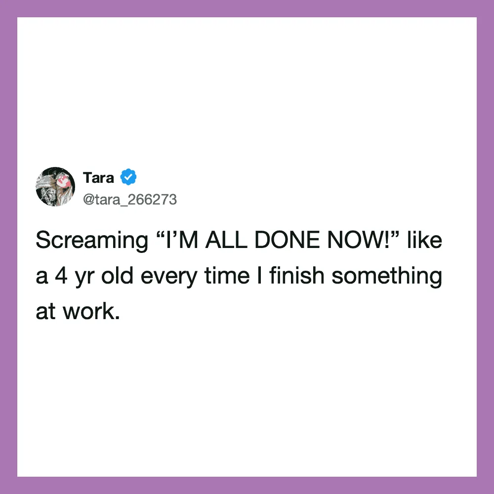 Tara's tweet about feeling exhausted after work.