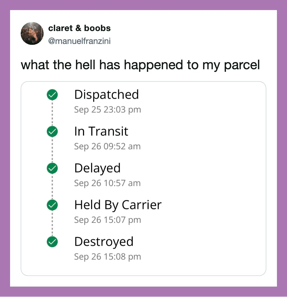 Parcel delivery status timeline from dispatched to destroyed.