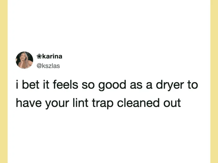 Twitter post by @kzslas about the feeling of a dryer after cleaning a lint trap.
