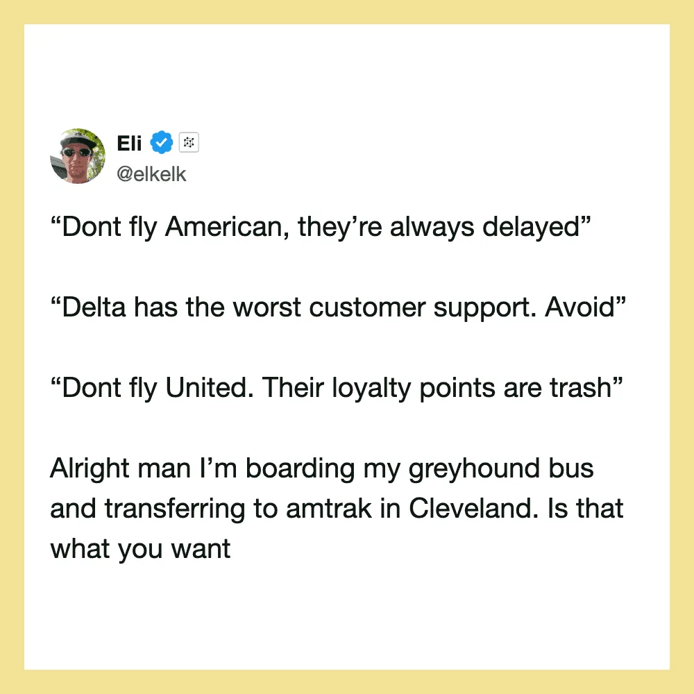 Screenshot of a tweet by Eli with quotes about airlines and a person boarding a bus.
