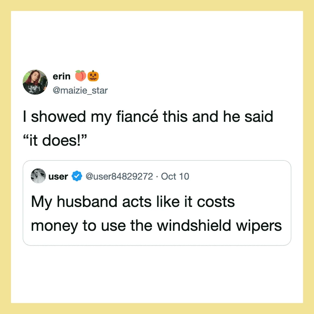 Twitter post showing a joke about windshield wipers and a woman showing her fiancé.