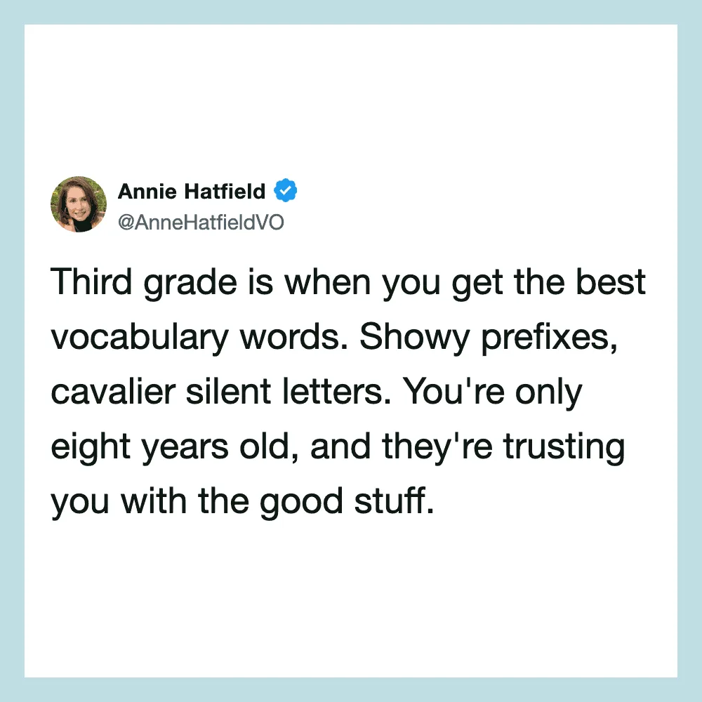 Annie Hatfield tweet about third grade vocabulary words and showy prefixes.