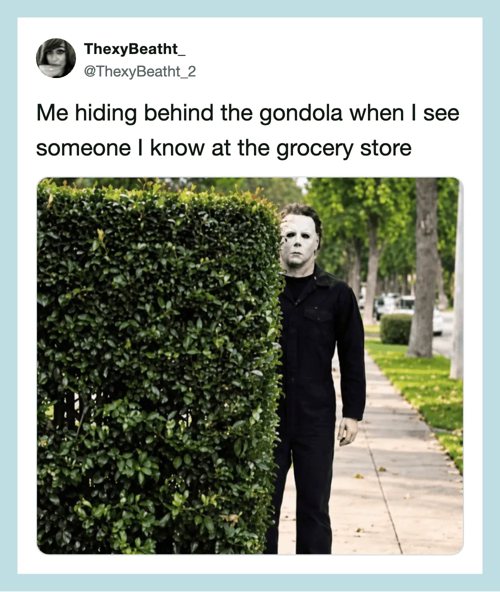 Person hiding behind a large bush on a sidewalk with trees and grass.