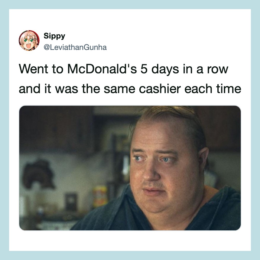 Man with a sad expression in a kitchen, caption about going to McDonald's 5 days in a row.