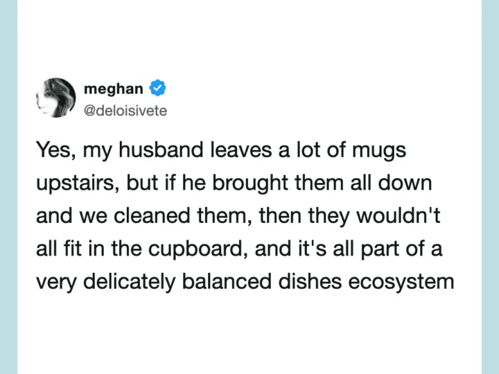 Meghan's tweet about her husband's mug collection and balancing dishes.