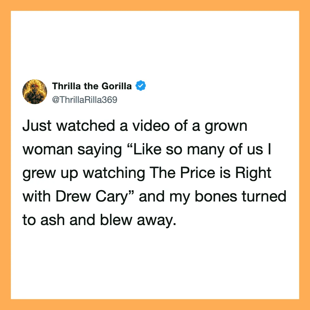 Tweet about a woman watching a video and feeling nostalgic about The Price is Right.