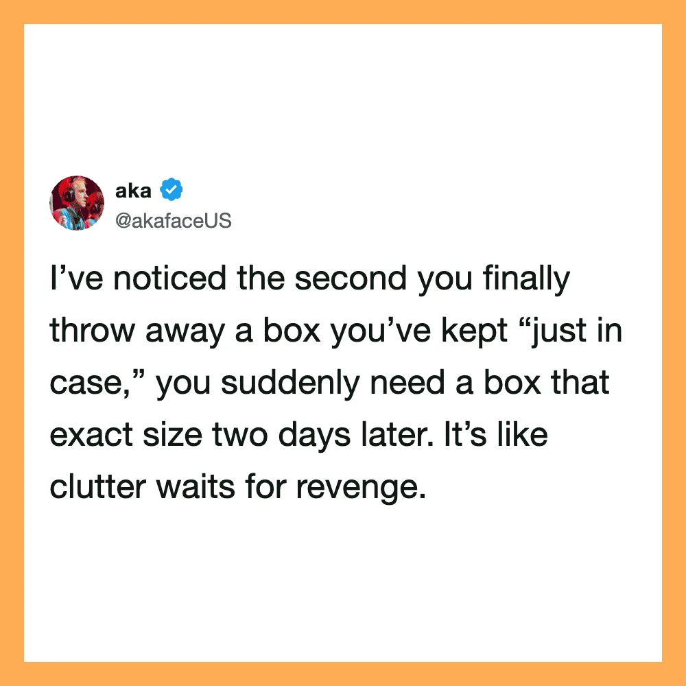 Twitter post by aka about throwing away a box and needing a second one.